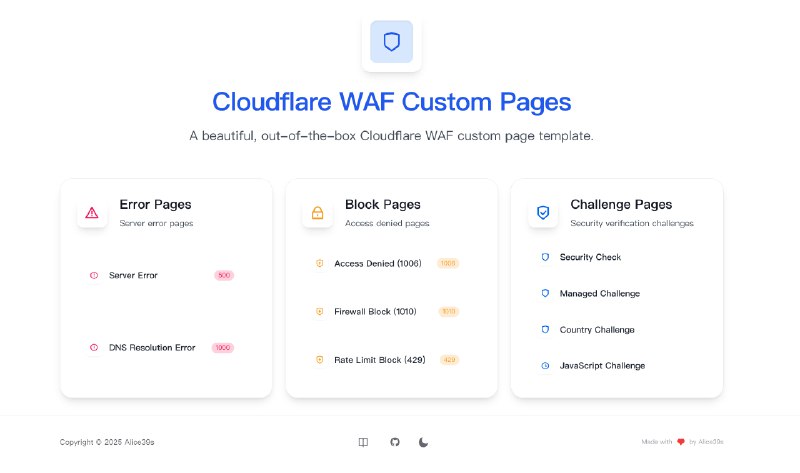 最近写完了一套 Cloudflare 的 Custom Pages , 应该是第一次开源前端项目，献丑了 🐈使用技术栈:- Next.js 15 + ⚛️ React 19 + 🖥 TypeScript- HeroUI v2 + Tailwind CSS v3食用方法可参阅 🇬🇧 英文 🇨🇳 中文经过测试，项目中所使用的所有分类的页面均可在 Cloudflare 中正常导入，并已适配所有自定义页面类型